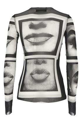 Black tulle top with white eyes and lips print. JEAN PAUL GAULTIER | 24/30-F-TO209T553000201